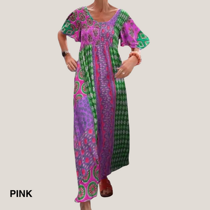 Women's Patchwork Maxi Dress Short Sleeves
