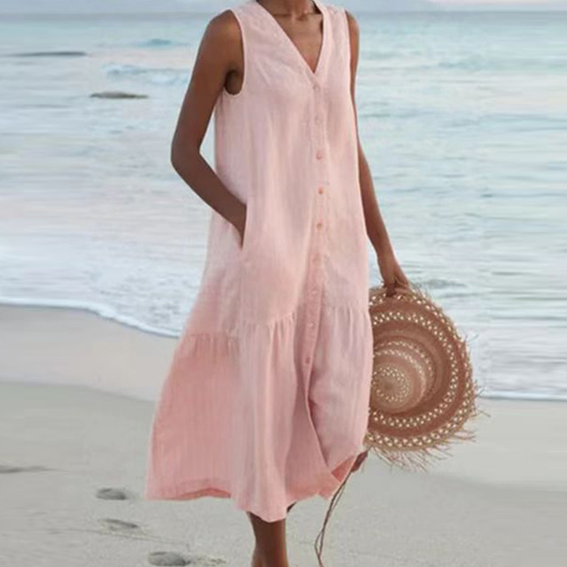 Women's Sleeveless Maxi Dress Button Front