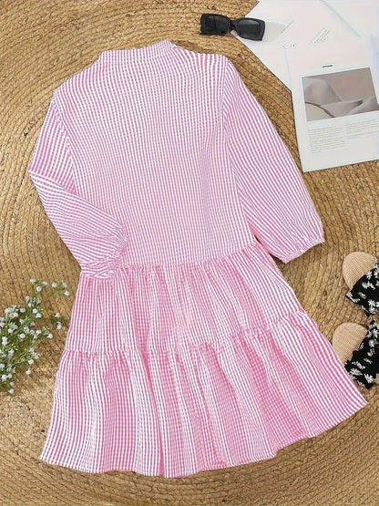 Women's Gingham Mini Dress 3/4 Sleeve Button Down