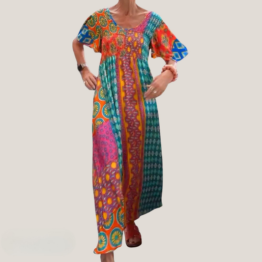 Women's Patchwork Maxi Dress Short Sleeves - Fashinoza
