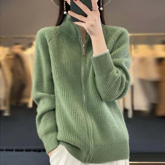 Women's Full-Zip Knit Cardigan Long Sleeve Cozy Sweater - Fashinoza