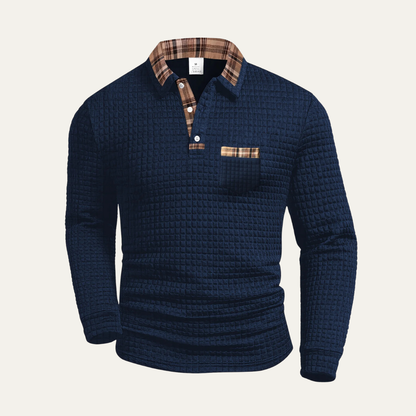 Men's Polo Sweater Textured Waffle Knit Plaid Trim