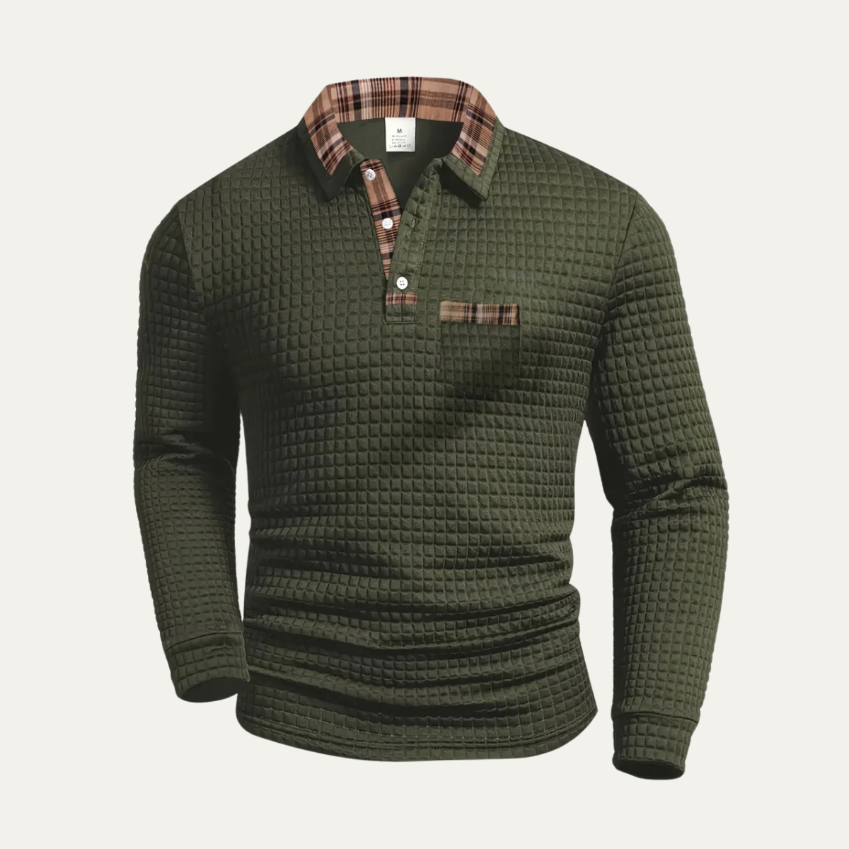 Men's Polo Sweater Textured Waffle Knit Plaid Trim