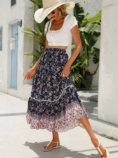 Women's Floral Maxi Skirt Elastic Waist - Fashinoza