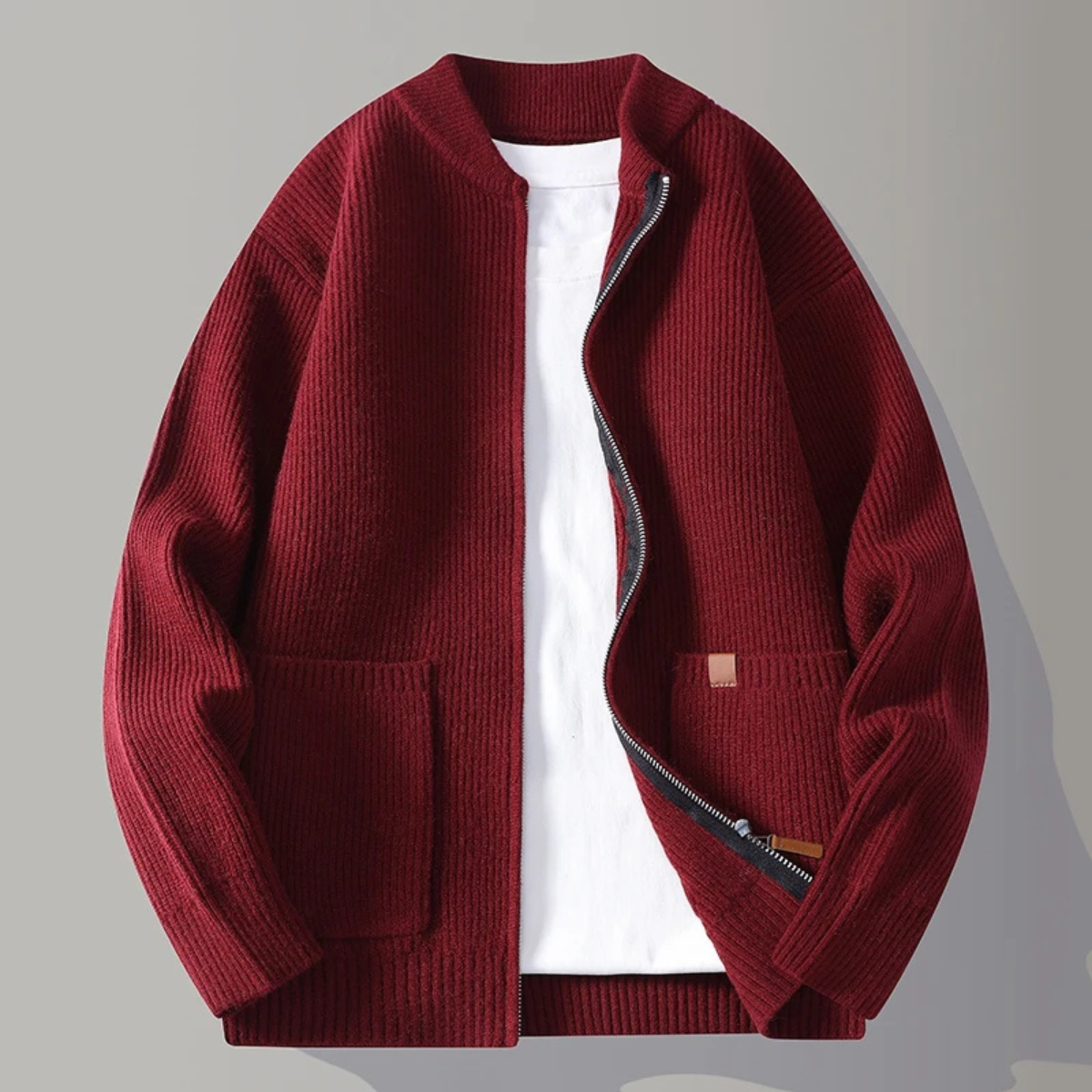 Men's Rib Knit Zip Cardigan Casual Stand Collar