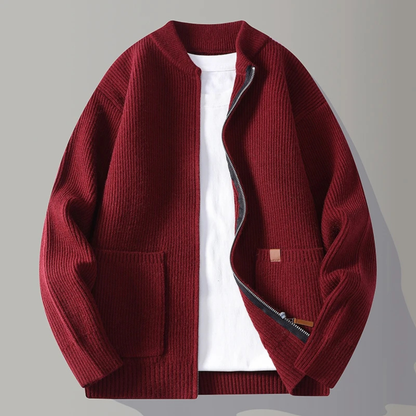 Men's Rib Knit Zip Cardigan Casual Stand Collar