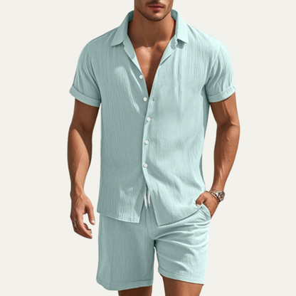 Men's Summer Shirt And Shorts Set Cotton Button Up