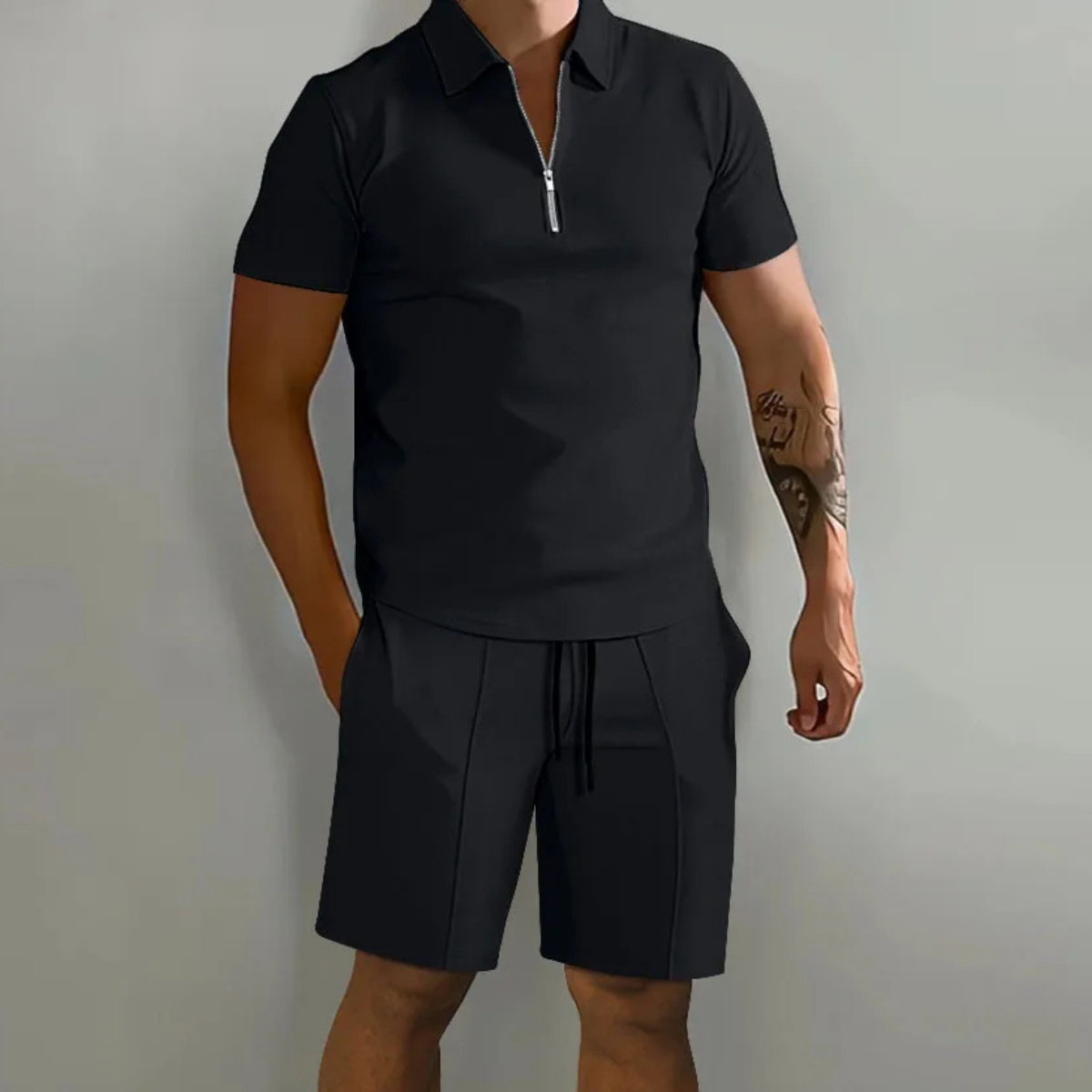 Men's Polo Shirt And Shorts Set Black