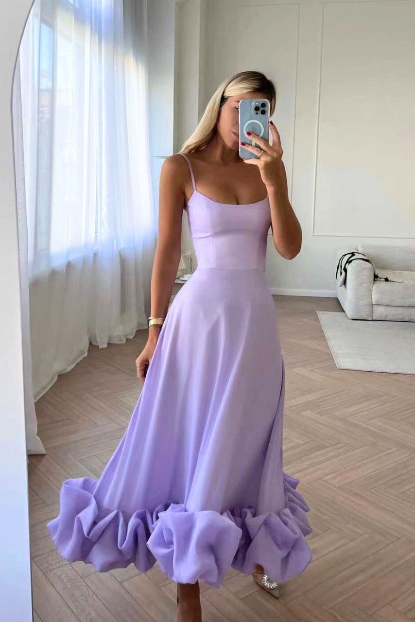Ruffled Hem Spaghetti Strap Midi Dress