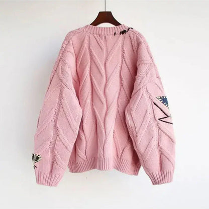 Women's Knitted Cardigan V-Neck Patchwork Embroidery - Fashinoza
