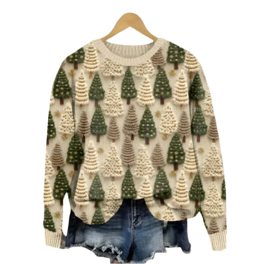 Women's Tree Pattern Knit Sweater Round Neck - Fashinoza