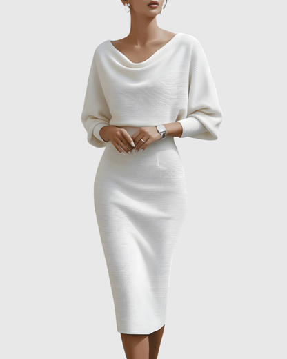 Vivienne Women's Ribbed Midi Dress Batwing Sleeves Cowl Neck
