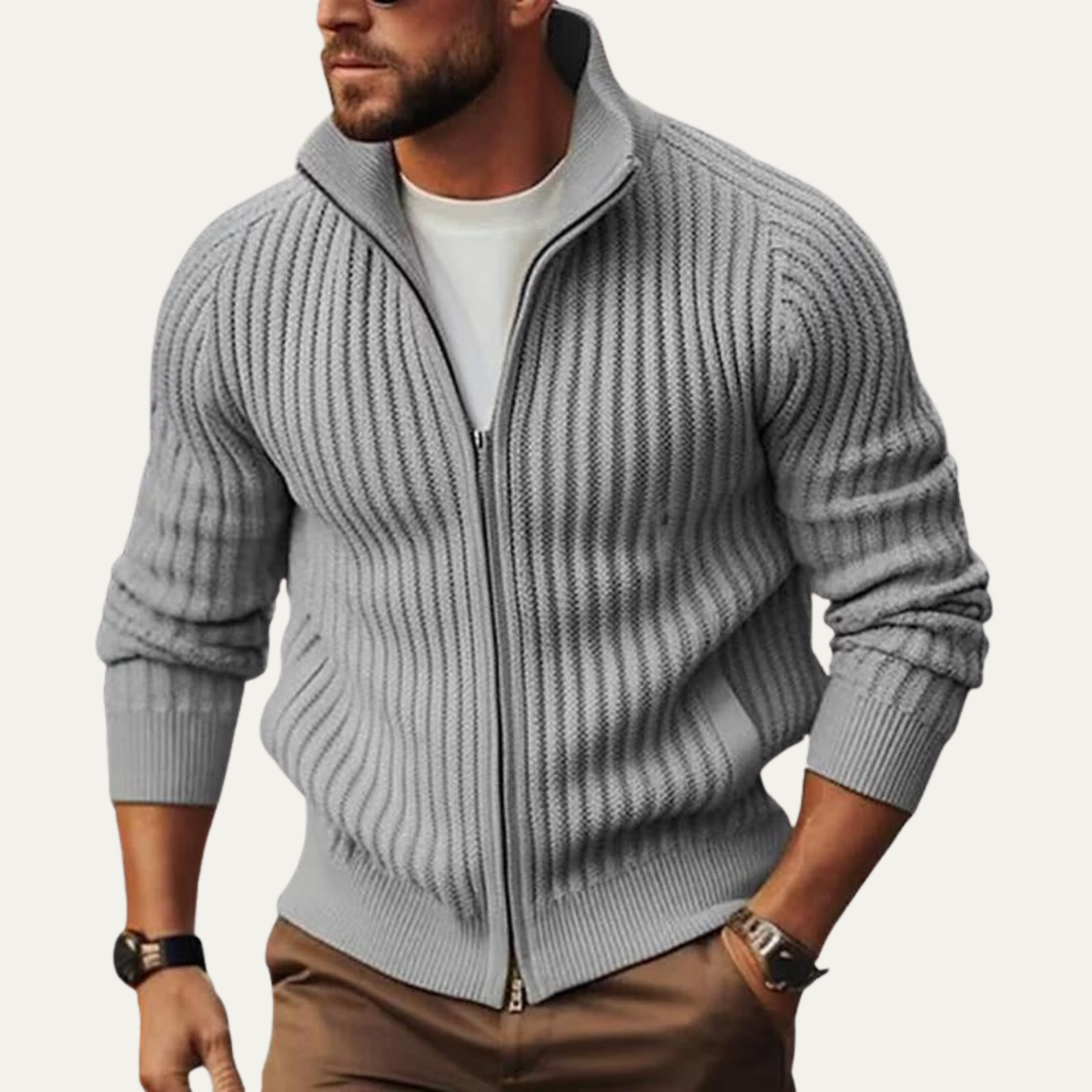 Men's Knit Cardigan Warm Zip Up Stand Collar Beige