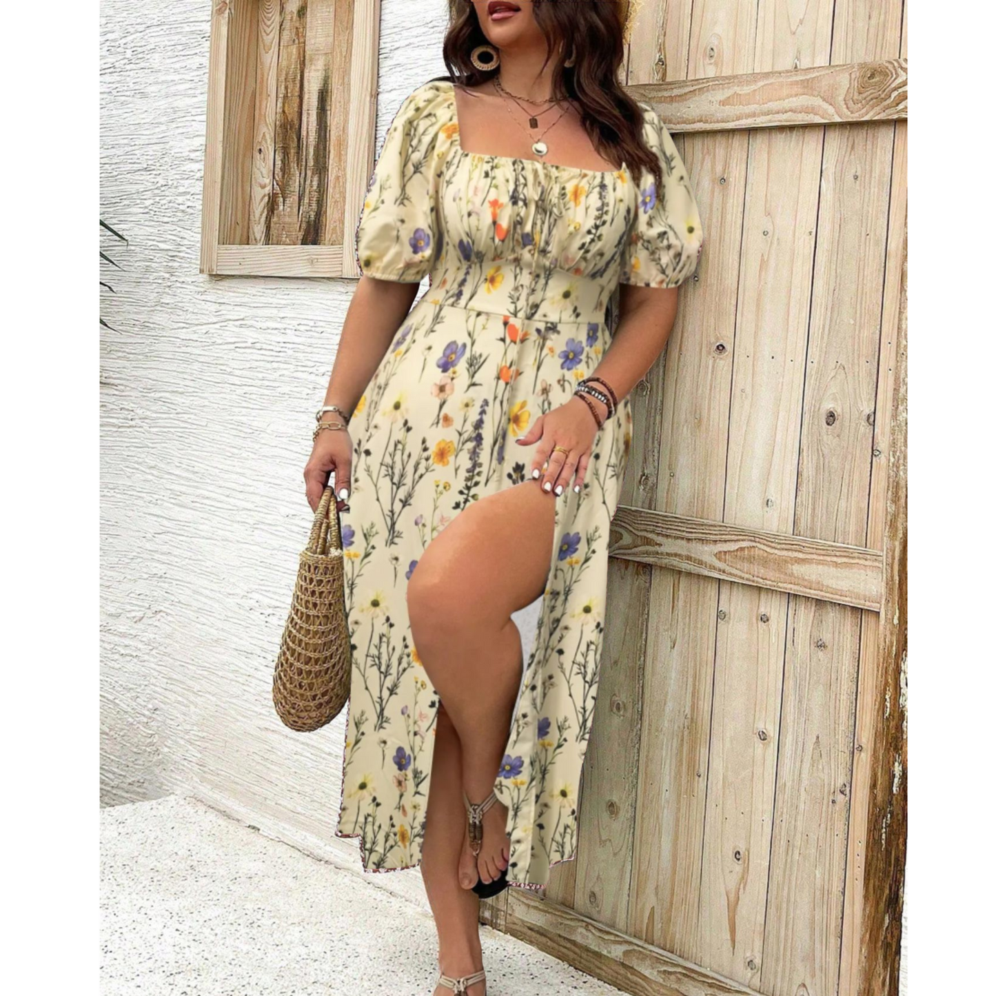 Women's Puff Sleeve Dress Square Neck with Slit