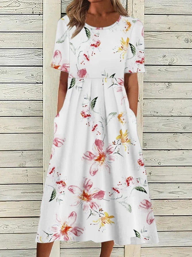 Women's Round Neck Dress Waist Accent