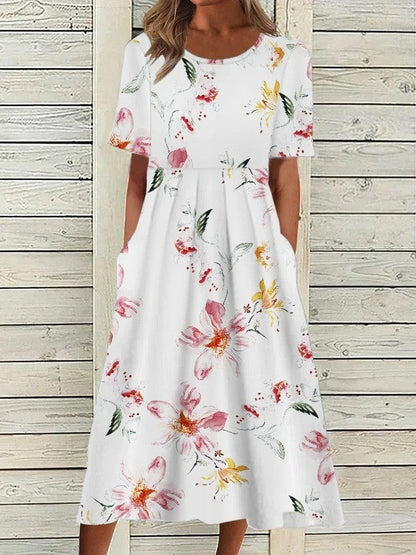 Women's Round Neck Dress Waist Accent