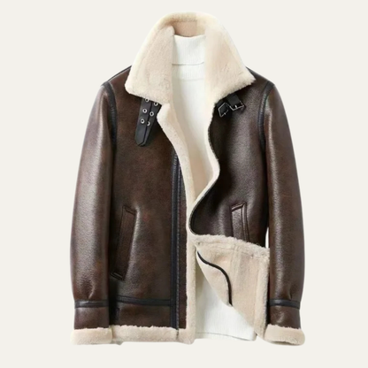 Men's Shearling Leather Aviator Jacket - Fashinoza