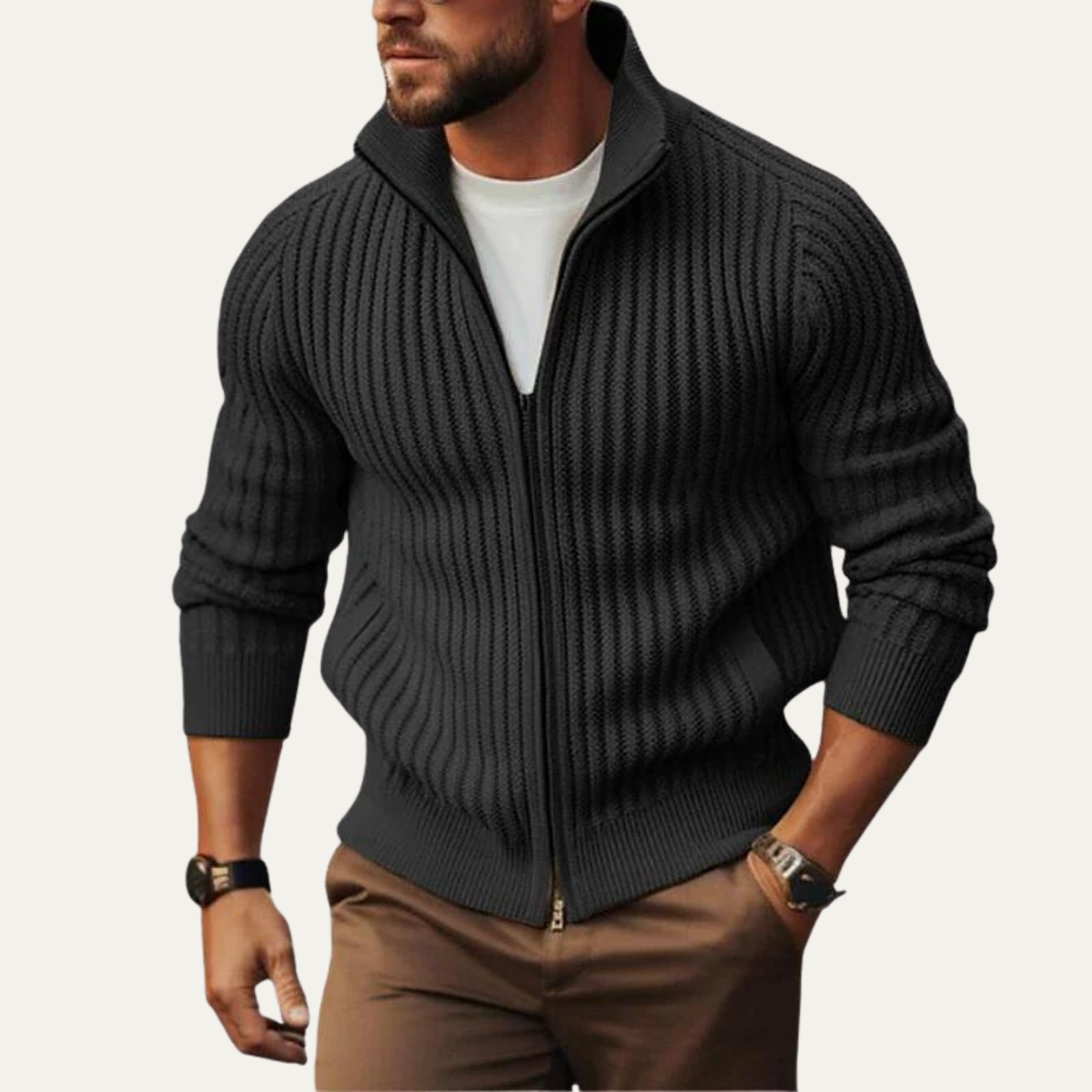 Men's Knit Cardigan Warm Zip Up Stand Collar Beige