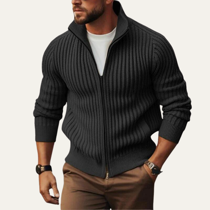 Men's Knit Cardigan Warm Zip Up Stand Collar Beige
