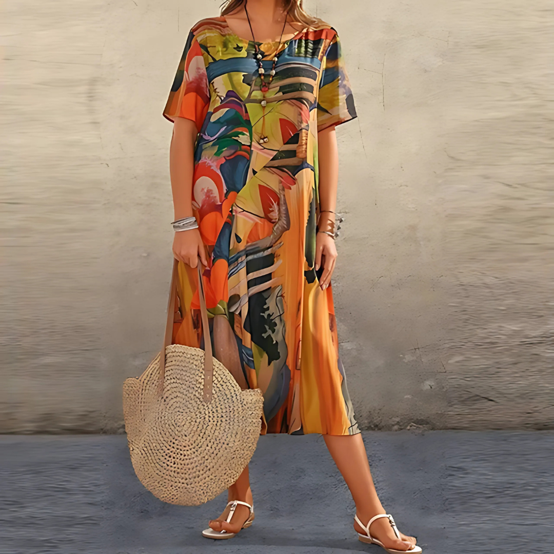 Women's Printed Midi Dress Short Sleeve