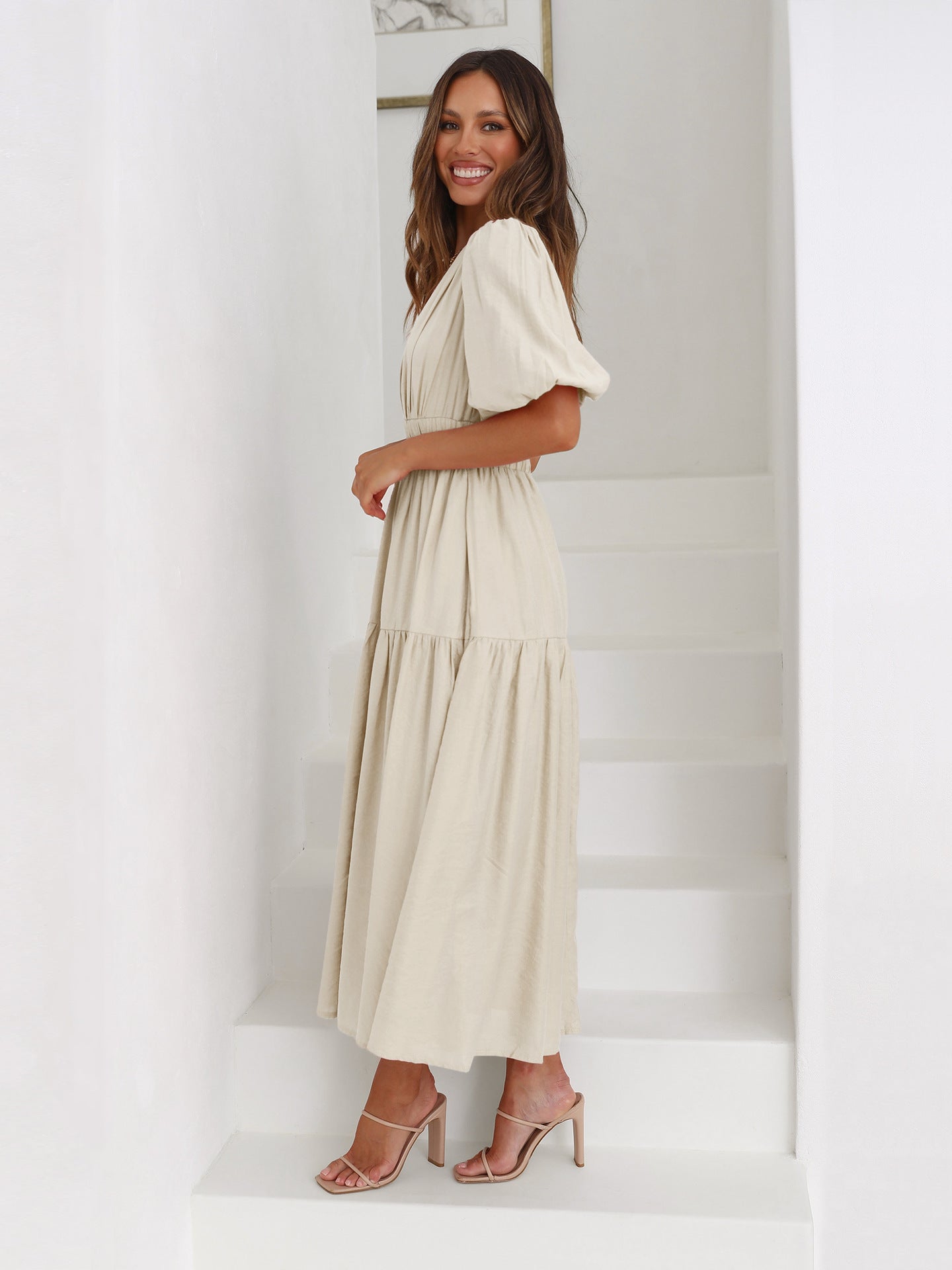 Women's V-Neck Midi Dress Puff Sleeve Smocked Waist