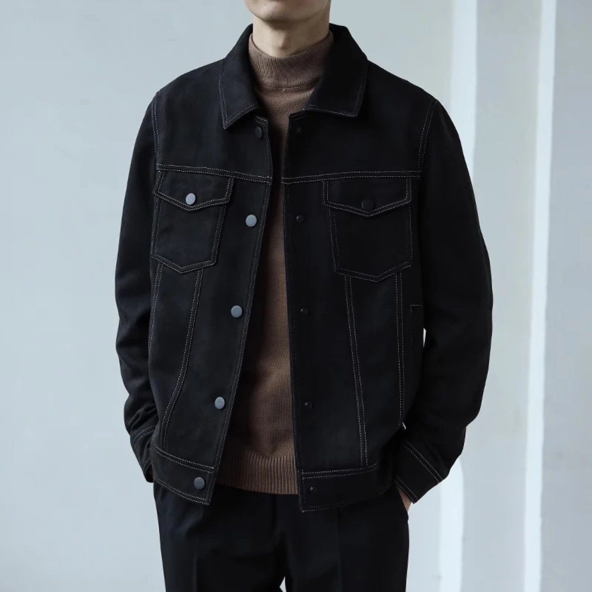 Men's Suede Button Up Jacket Classic Retro Tan