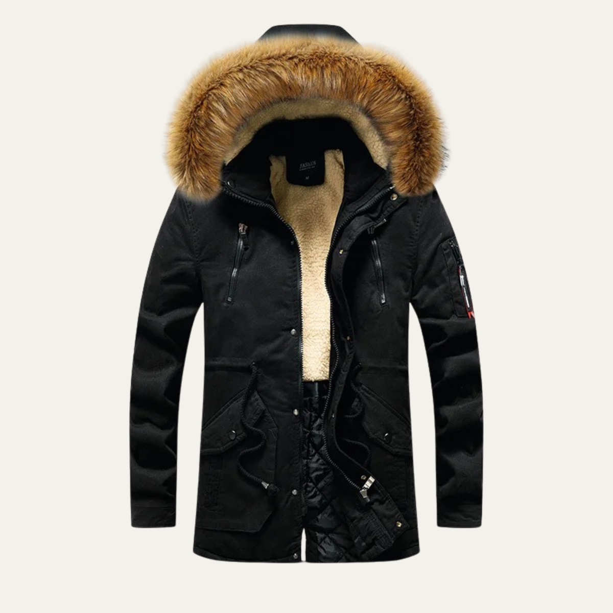 Men's Down Hooded Parka Jacket Fur Trim Black