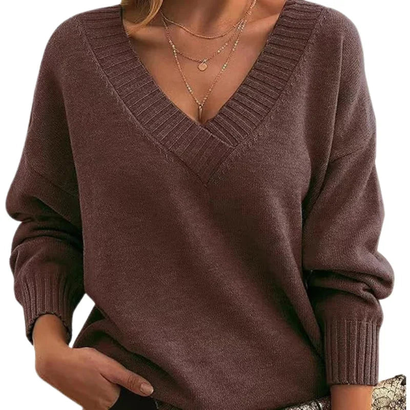 Women's Textured Knit Sweater Relaxed Fit V-Neck Cozy