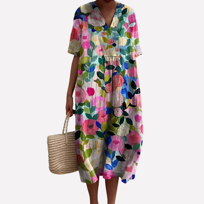 Women's Floral V-Neck Short Sleeve Summer Dress