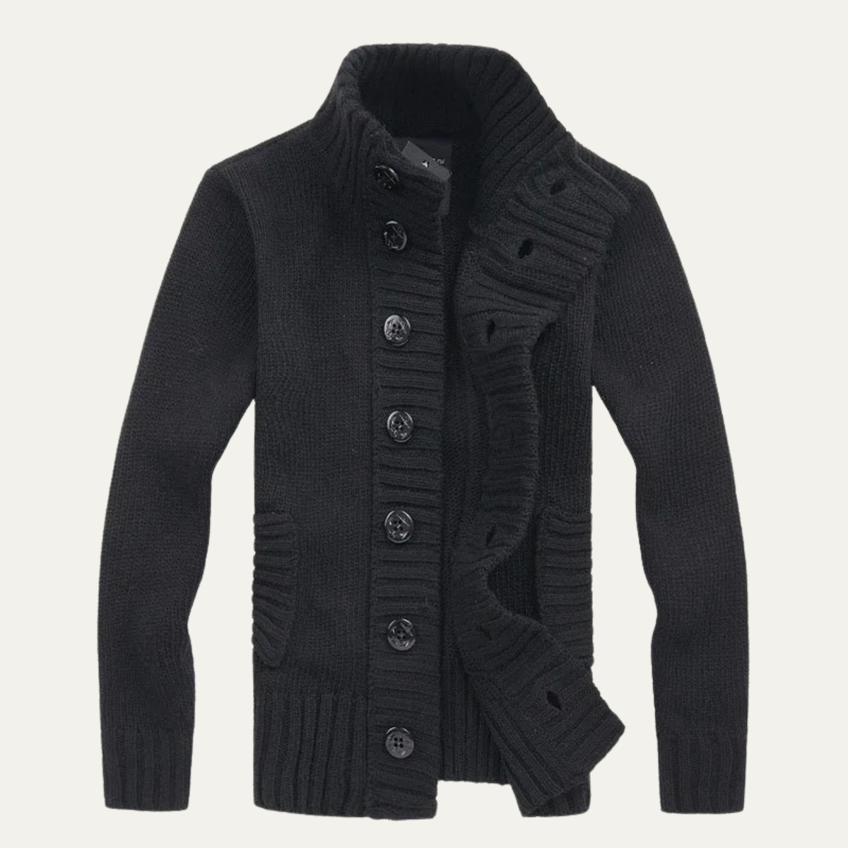 Men's Chunky Knit Cardigan High Neck Button Up Winter Wool