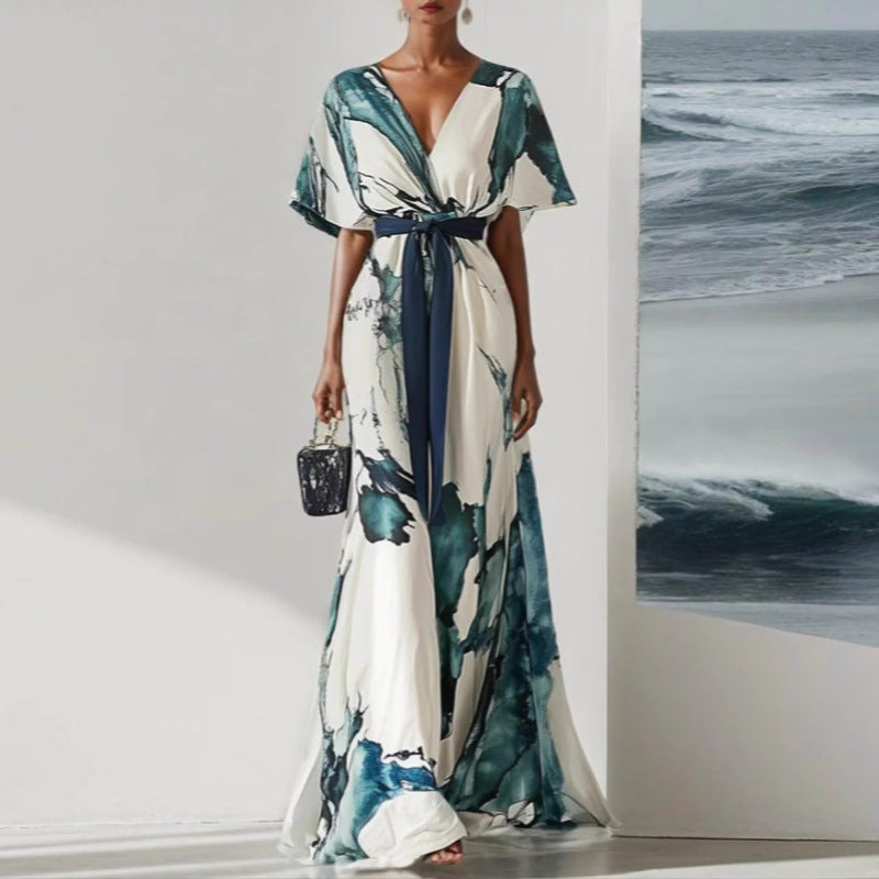 Women's Chiffon Maxi Dress Belted Waist Full Skirt - 
Fashinoza