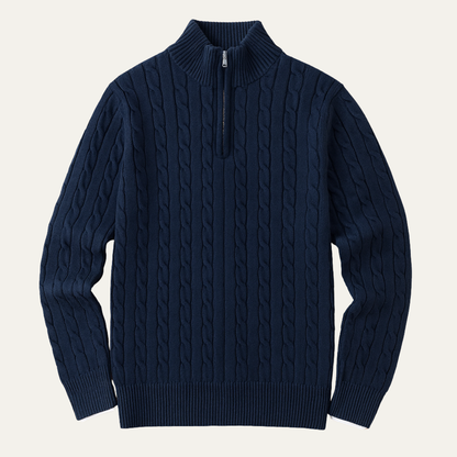 Men's Cable Knit Sweater Navy Blue Half Zip - Fashinoza