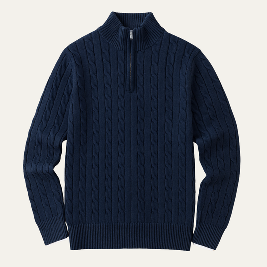 Men's Cable Knit Sweater Navy Blue Half Zip - Fashinoza