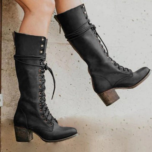 Women's Knee High Boots Chunky Heel Lace Up Brown - Fashinoza