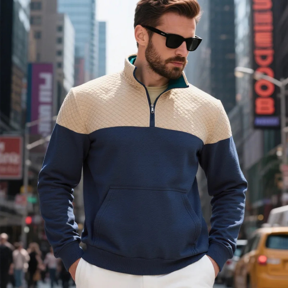Men's Quilted Half Zip Sweater Color Block Navy Blue