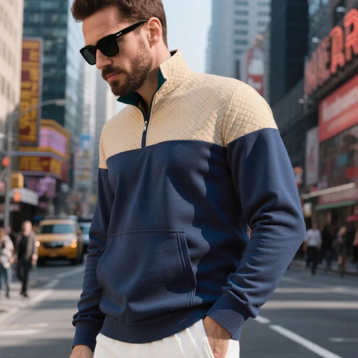 Men's Quilted Half Zip Sweater Color Block Navy Blue