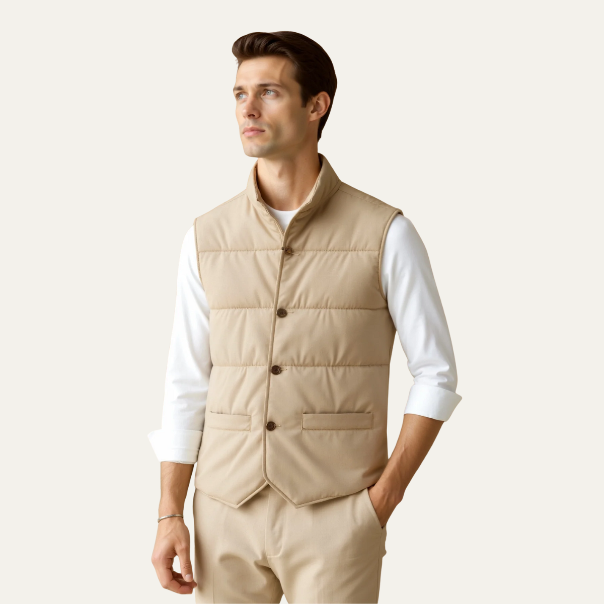 Men's Beige Quilted Vest Slim Fit Padded