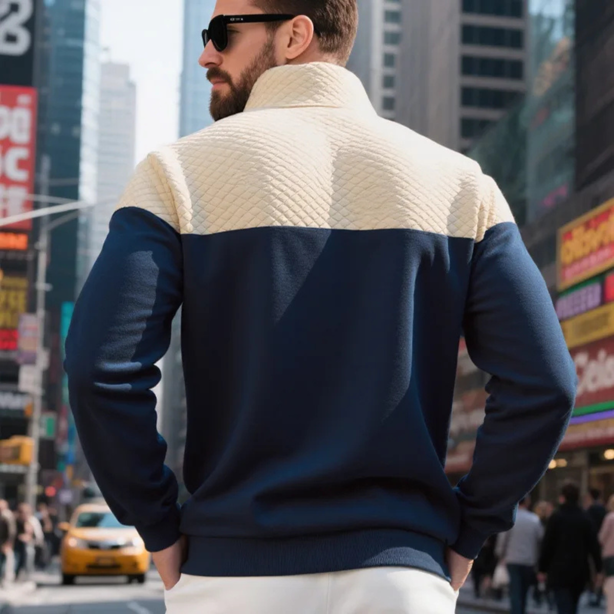 Men's Quilted Half Zip Sweater Color Block Navy Blue