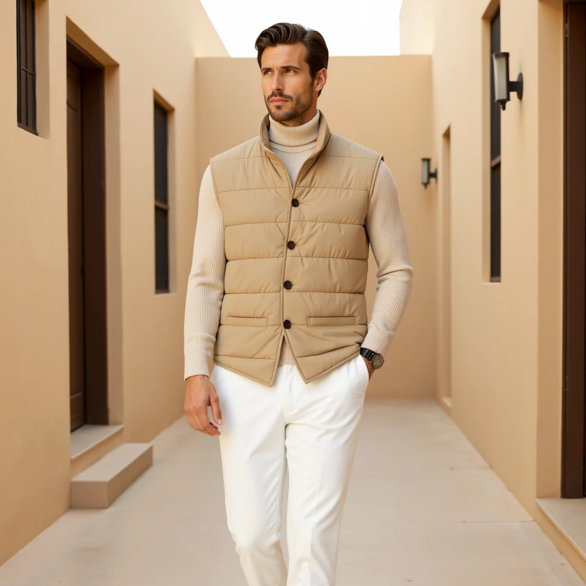 Men's Beige Quilted Vest Slim Fit Padded