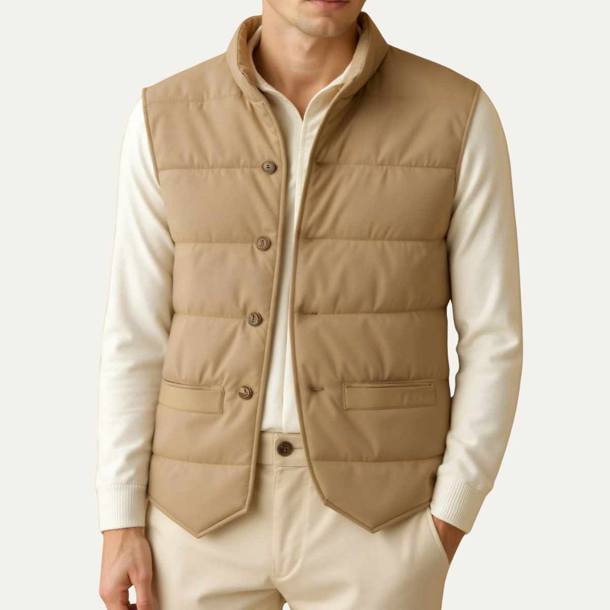Men's Beige Quilted Vest Slim Fit Padded