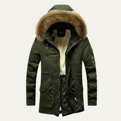 Men's Down Hooded Parka Jacket Fur Trim Black