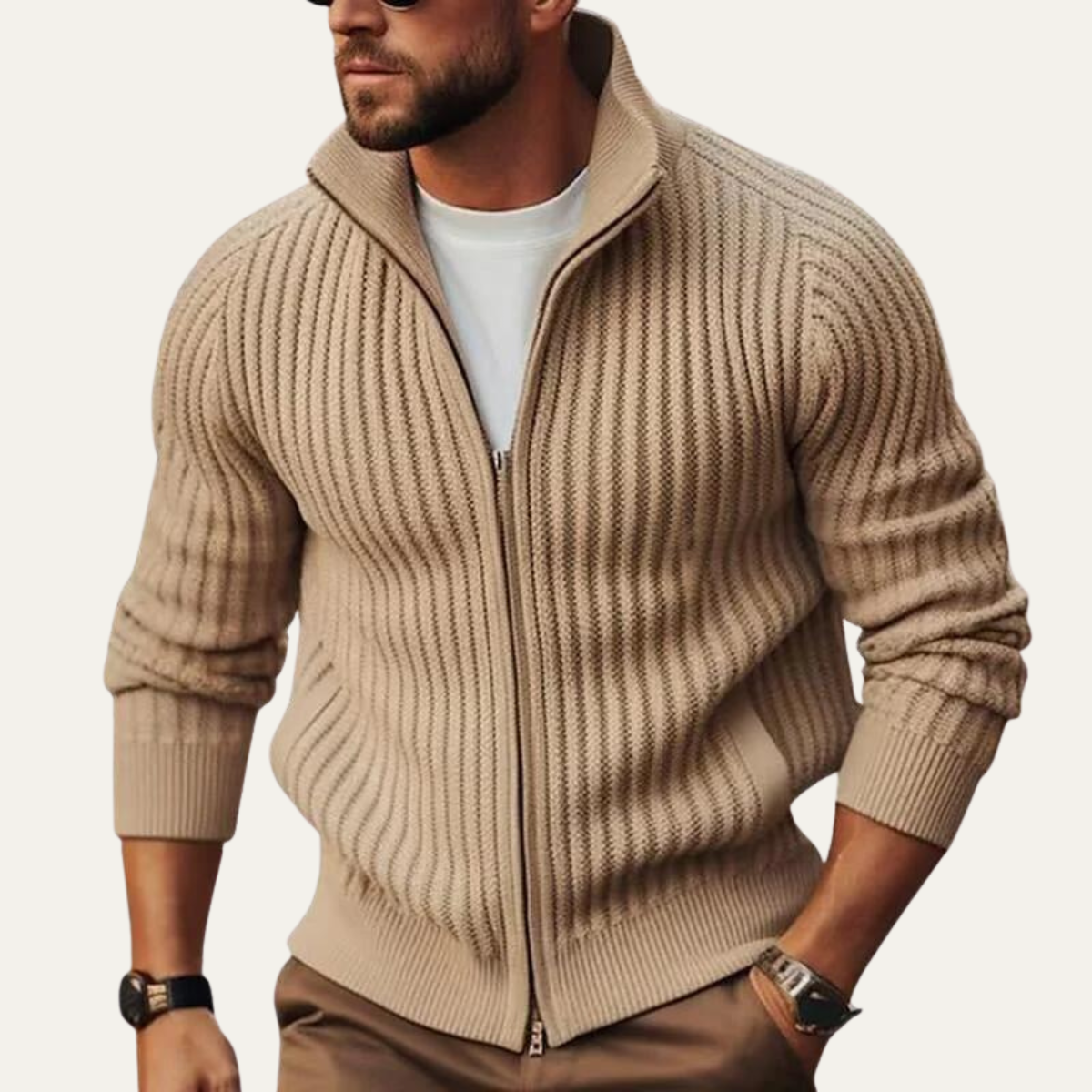 Men's Knit Cardigan Warm Zip Up Stand Collar Beige