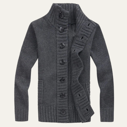 Men's Chunky Knit Cardigan High Neck Button Up Winter Wool