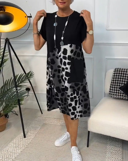 Relaxed Patchwork Midi Dress with Pockets