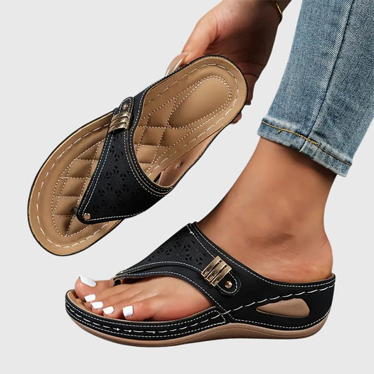 Women's Wedge Sandals Laser Cut Toe Loop Brown - Fashinoza