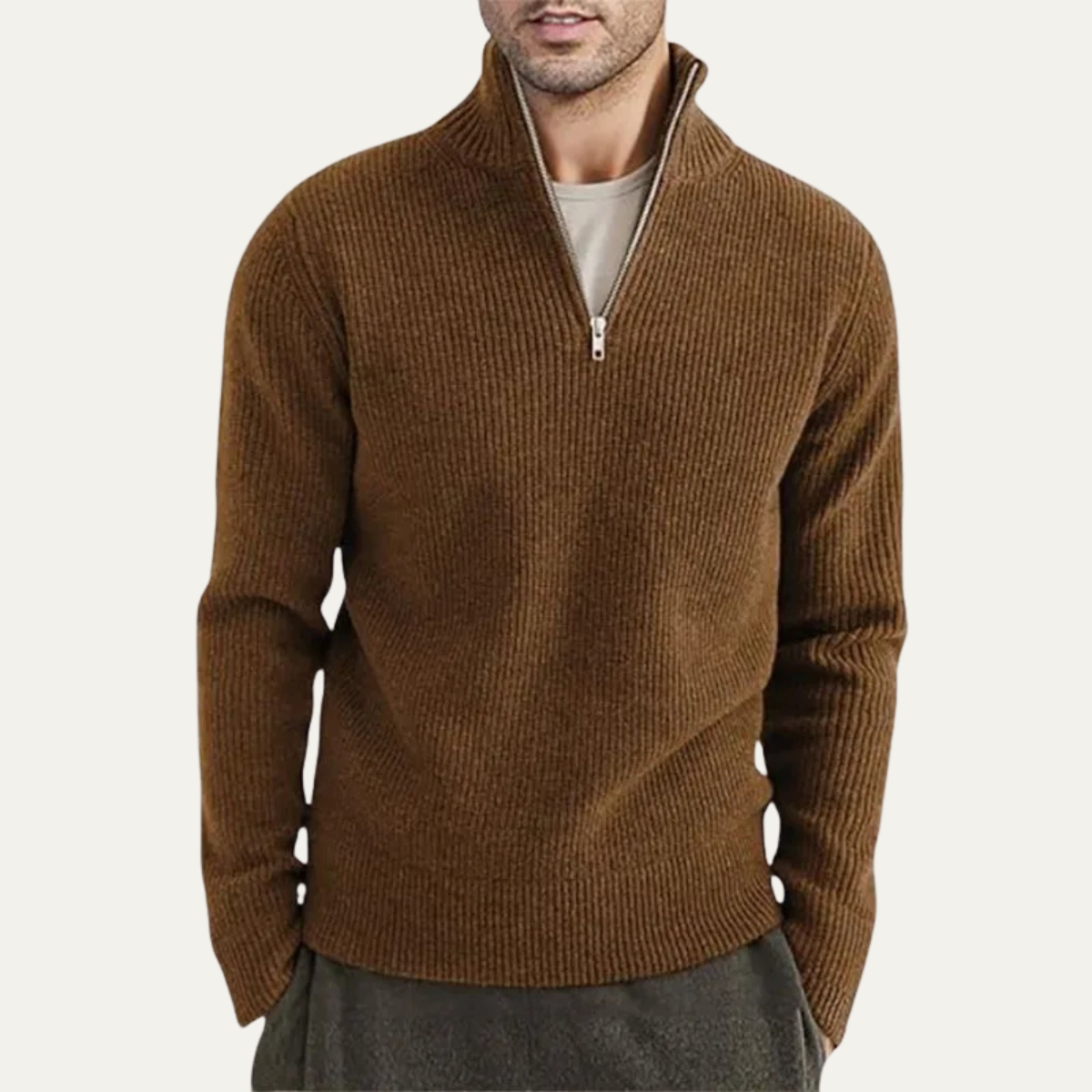 Men's Ribbed Mock Neck Sweater Warm Knit Dark Gray