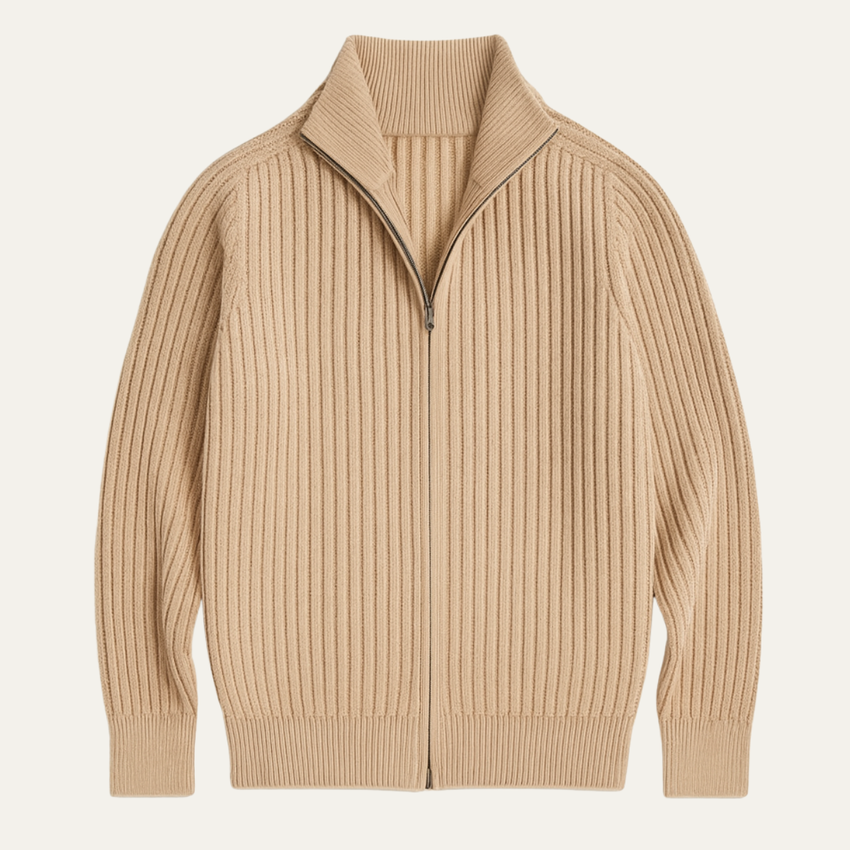 Men's Knit Cardigan Warm Zip Up Stand Collar Beige - Fashinoza