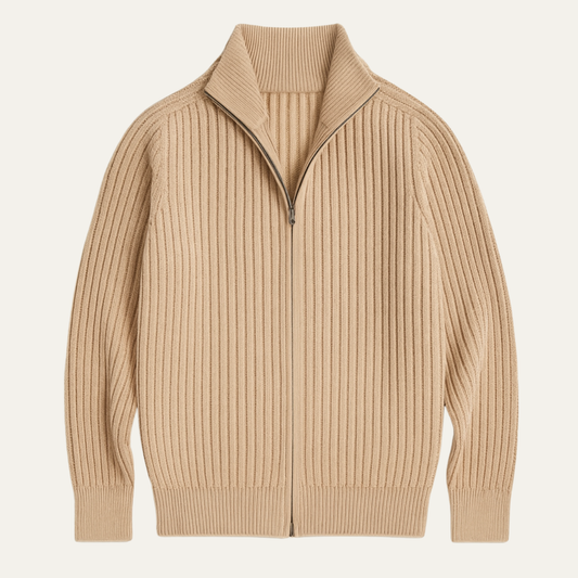 Men's Knit Cardigan Warm Zip Up Stand Collar Beige - Fashinoza