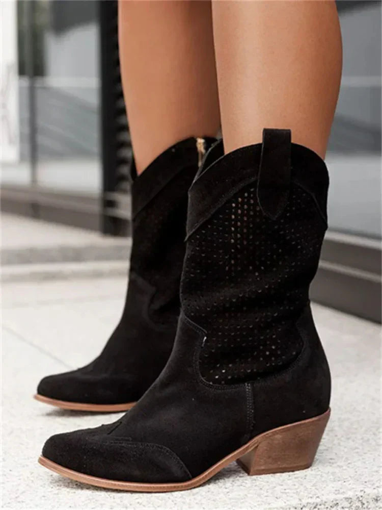 Men's Cowboy Boots Mid-Calf Leather Low Heel - Fashinoza