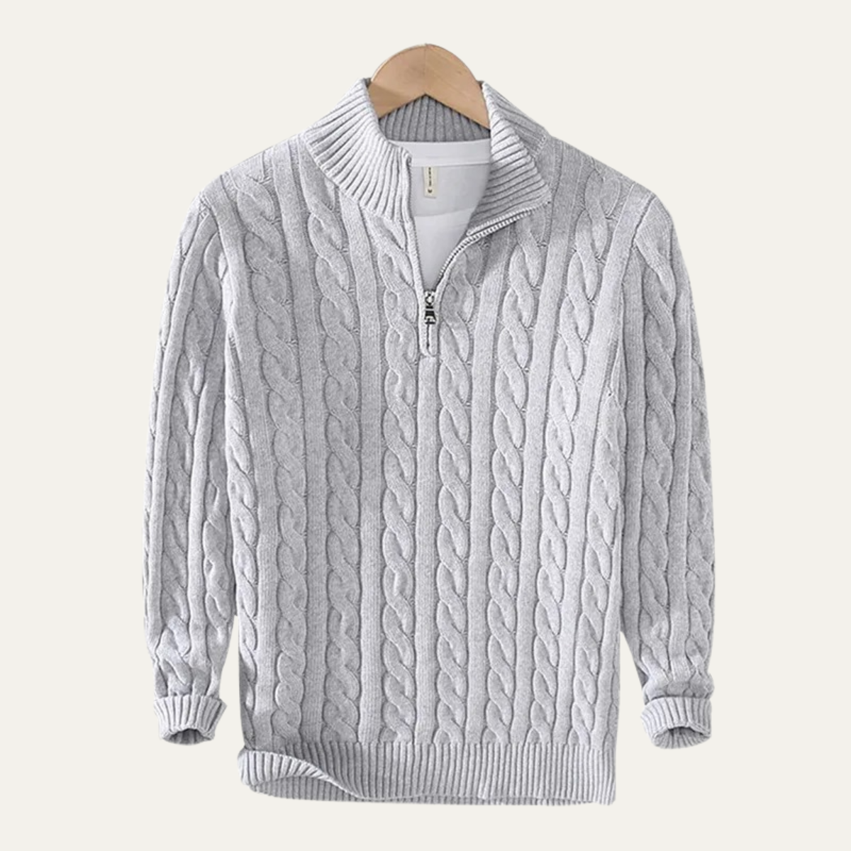 Men's Cotton Cable Knit Sweater Half Zip Natural